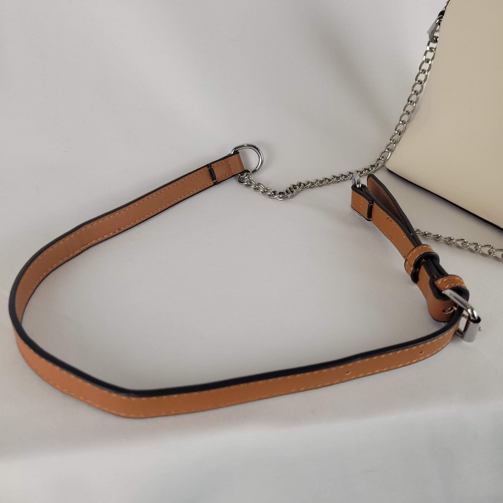 Cluci Cream & Tan Saffiano Faux Leather Dome Crossbody Bag Silver Chain Strap - Picture 6 of 9